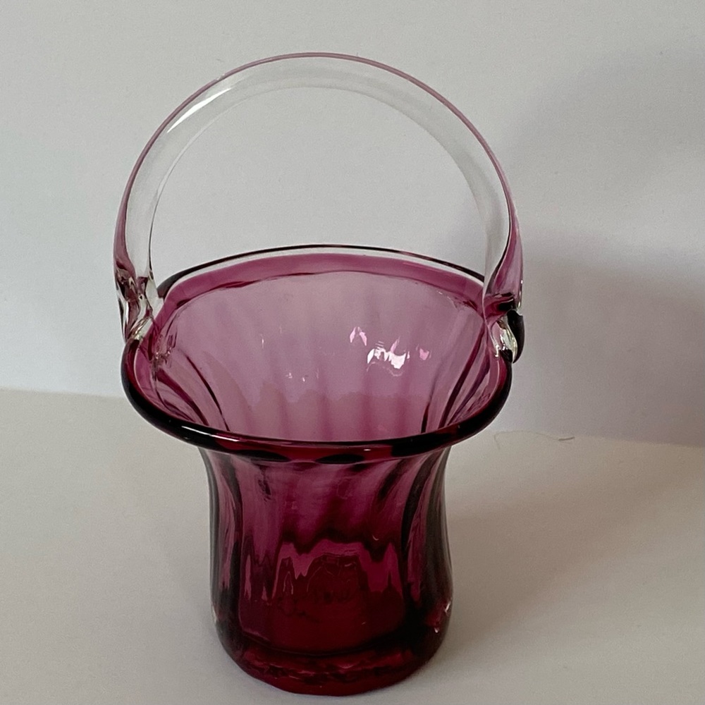 Cranberry Glass Basket by Pilgrim with Clear Glass Handles 5.5” high pink EUC